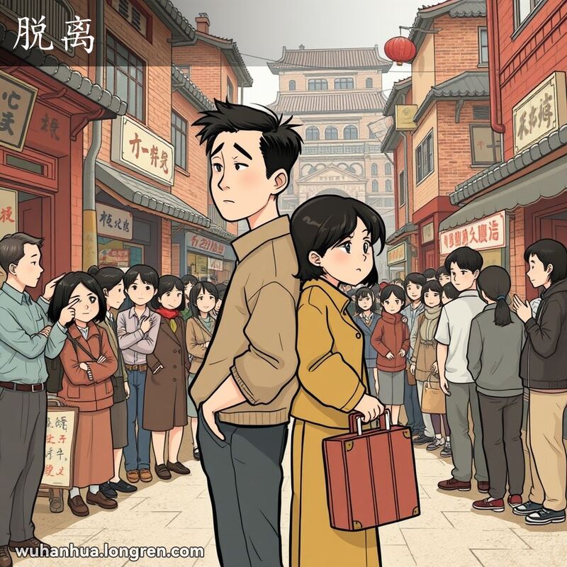 一对夫妇在武汉老街上分离，女方坚定，男方无奈，周围有围观群众，男方手持行李箱，背景是武汉老街景
