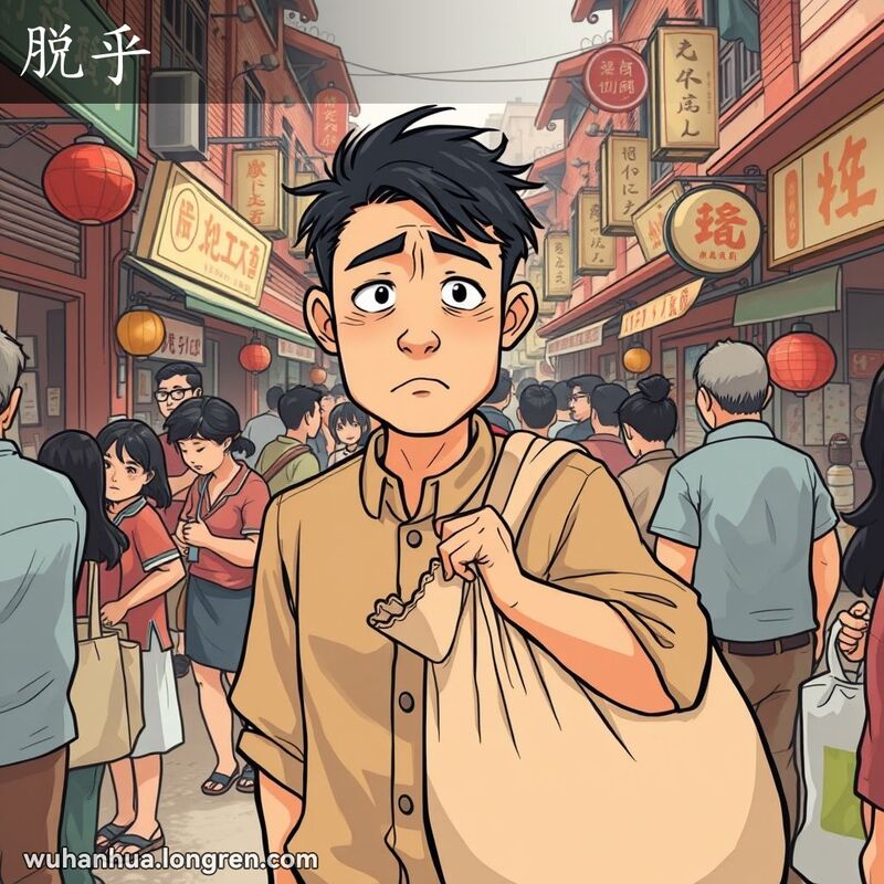 一位武汉男子在市场中手持沉重包裹，试图穿行人群，表情困扰，背景是武汉老街景