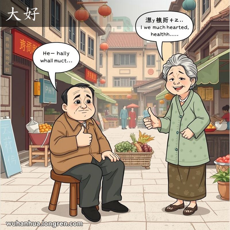 一位中年男子坐在武汉老街的木凳上，面色苍白，显得病恹恹的。旁边是一位关心他的老邻居，正在询问他的健康状况。男子微笑着竖起大拇指，表示自己感觉好多了。背景是热闹的市场和传统的老建筑