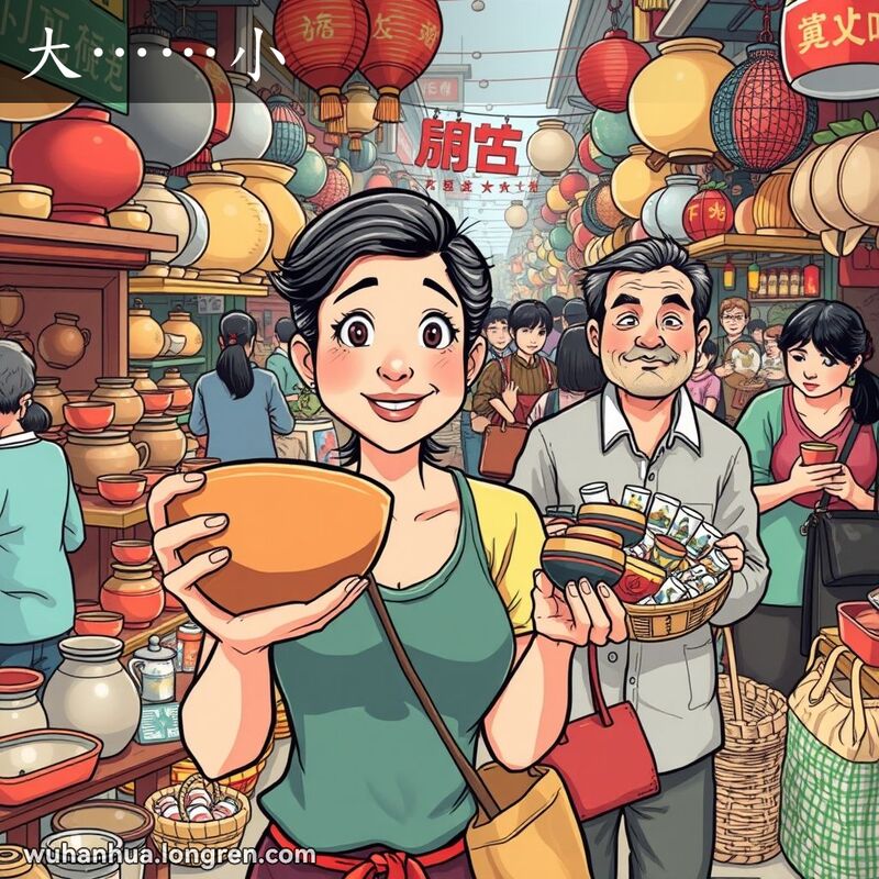 武汉街头市场，妇女比较大碗小碗，男子手持小玩意，背景杂乱无章的大小物品
