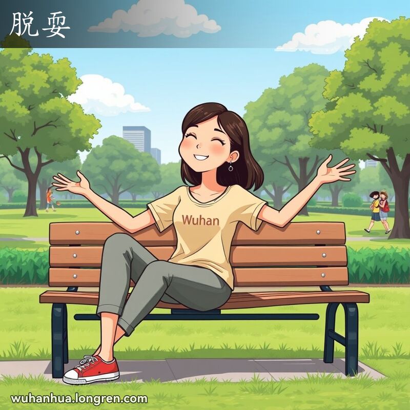 一位年轻的武汉女子坐在公园长椅上，神情轻松自在，享受阳光，背景是宁静的公园景色。