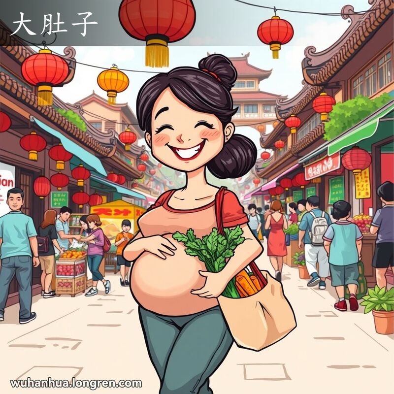 一位怀孕的武汉妇女在热闹的街市上行走，手里提着蔬菜，背景是武汉的传统街景