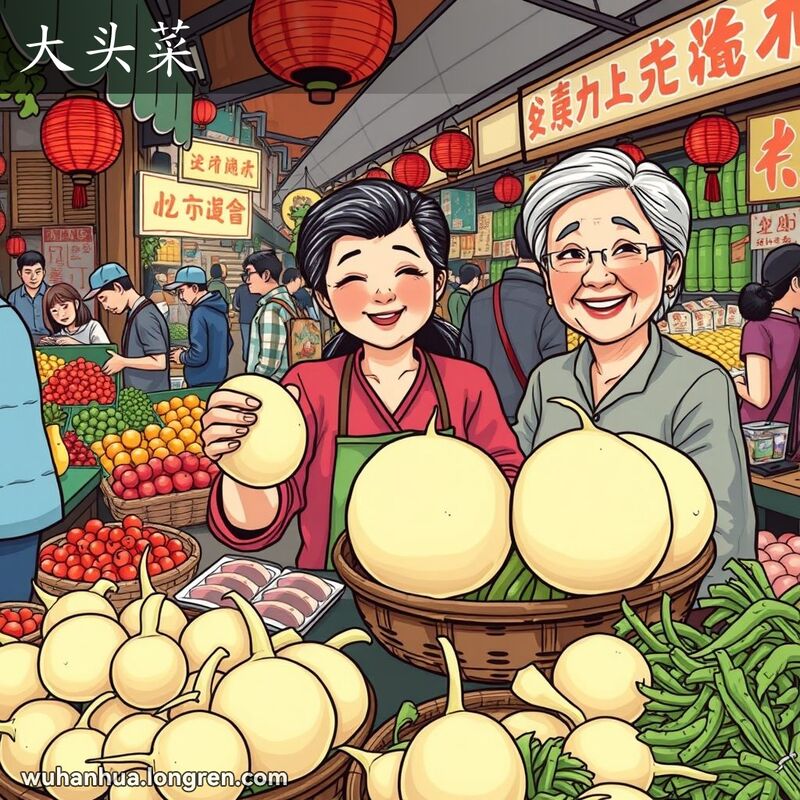 武汉传统市场上，摊主展示大头菜，背景有其他摊位和顾客