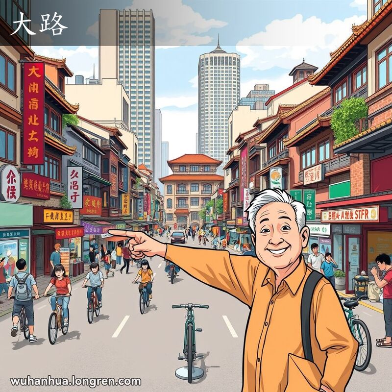 一条宽阔的武汉街道，行人和车辆川流不息，一位居民正指引游客方向。
