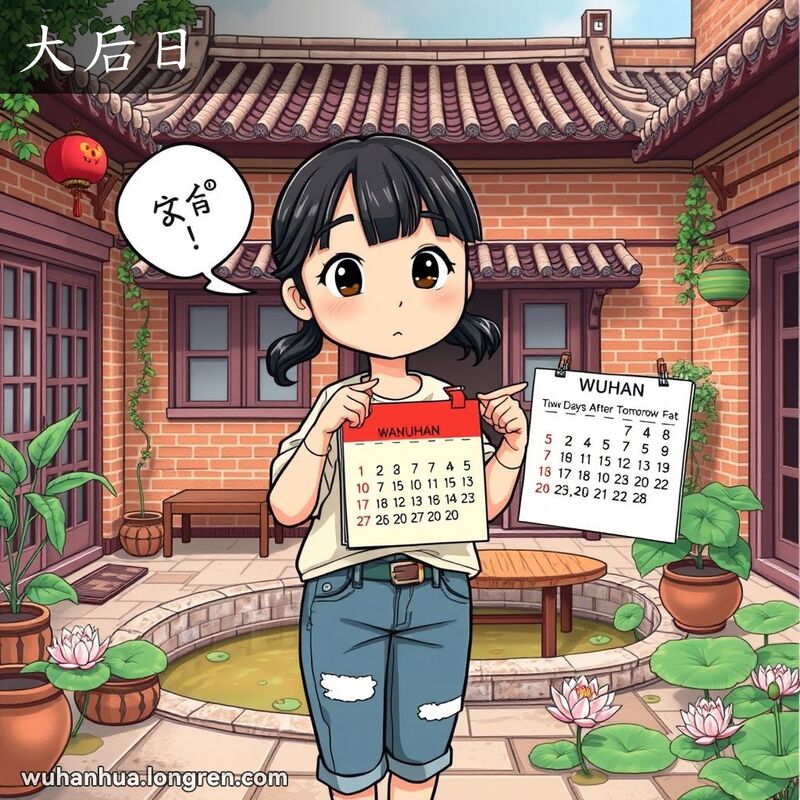 一位武汉少女站在庭院中，手持日历指向“大后日”，背景有红砖墙和荷花池