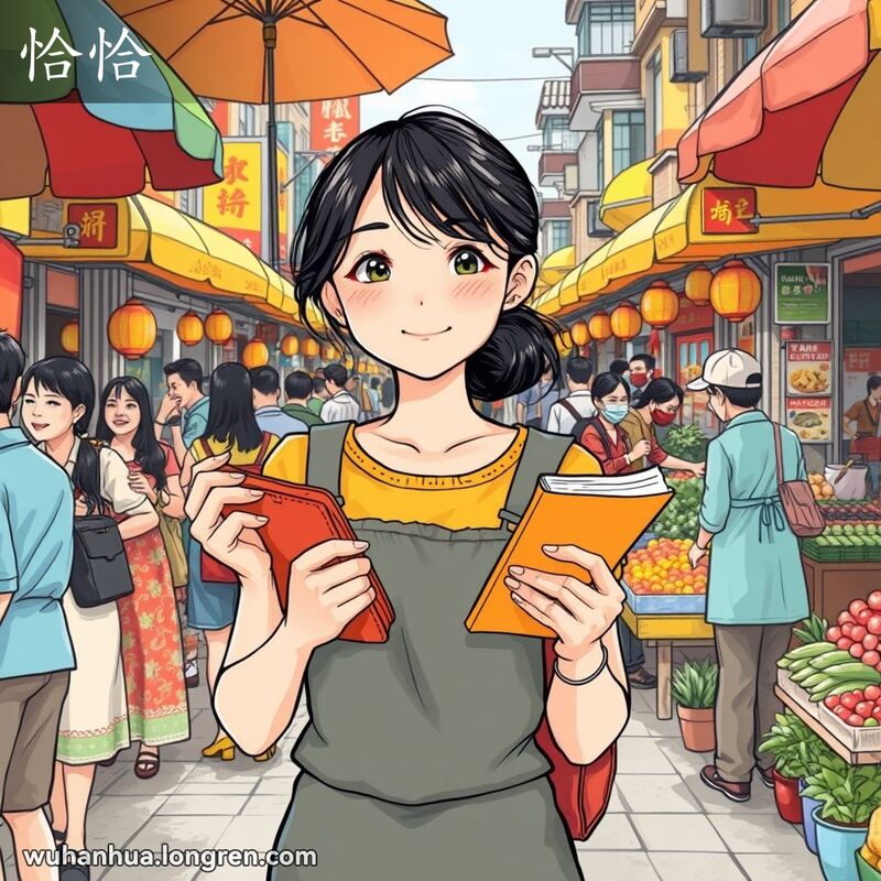 一位年轻女子在武汉街头市场，手持钱包和书，露出满意的微笑，背景是传统摊贩和摊位。