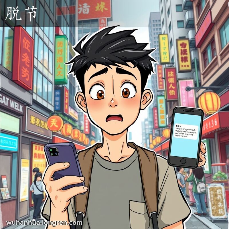 一位年轻的武汉男子站在城市街道上，手持智能手机，露出惊讶和困惑的表情，背景是武汉的现代建筑和传统街景