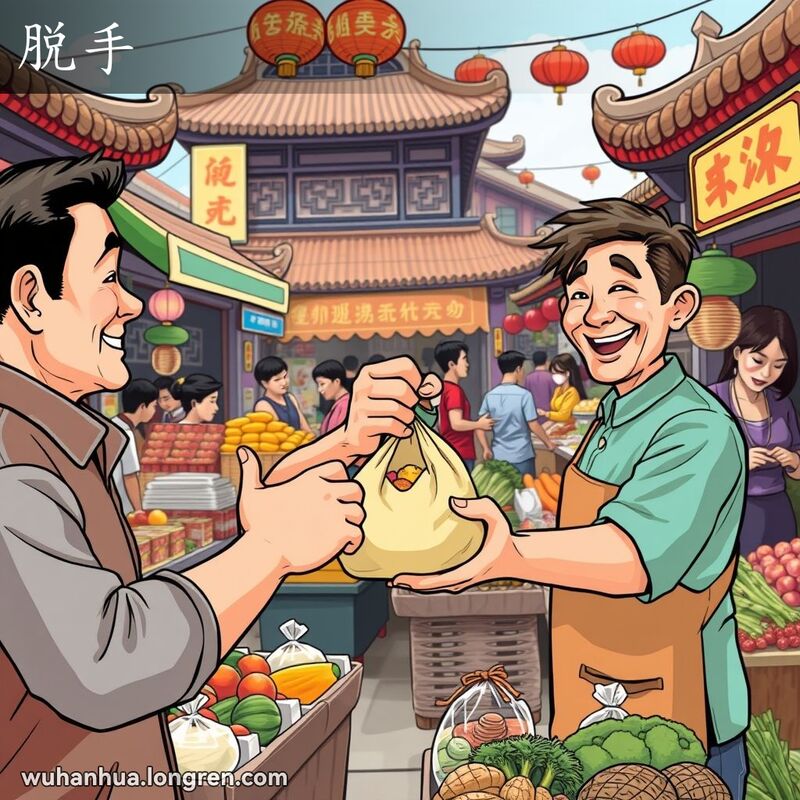 武汉市场中，小贩正将商品交给顾客，象征‘脱手’的瞬间，背景是热闹的市场摊位。