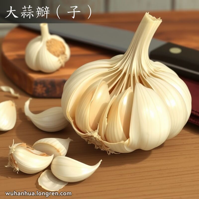 一个传统的武汉厨房台面，上面摆放着一颗新鲜的大蒜，大蒜被剥开，露出饱满光亮的蒜瓣，背景中有木质砧板、菜刀和蒜皮。