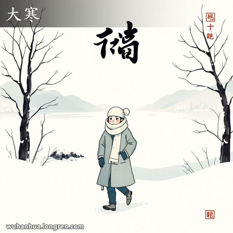 二十四节气之一的“大寒”，背景是寒冬的雪景，寒冷的气氛浓厚，画面中有一个穿着厚重冬衣的人物，呼出的气息在寒冷的空气中清晰可见。