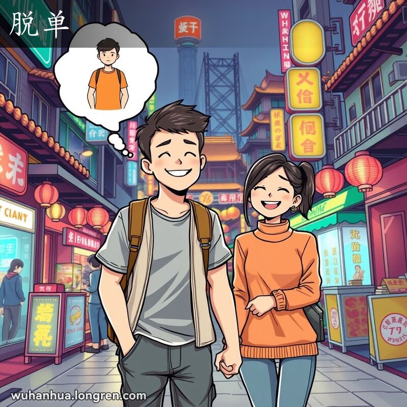 一位武汉年轻人在城市街头手牵年轻女子，背景是武汉街景，男子头上有思想泡泡显示从单身到脱单的转变。