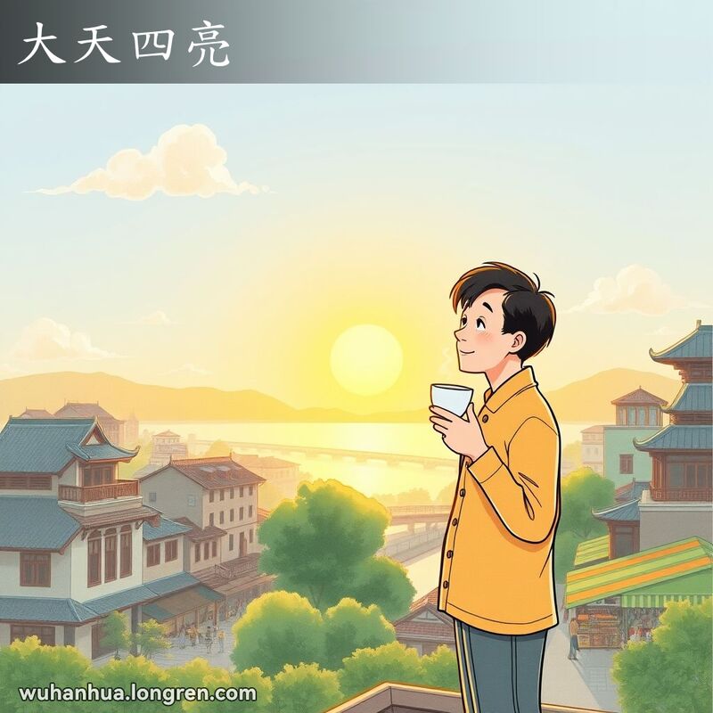 武汉清晨景象，阳光洒在长江上，居民站在阳台上欣赏日出，背景是传统建筑和早市