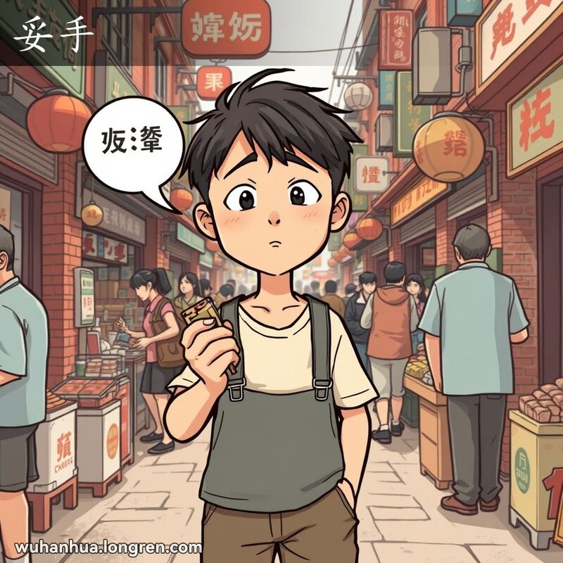 一位武汉市民站在街市中，手持旧物露出“妥手”的表情，背景是武汉老街景