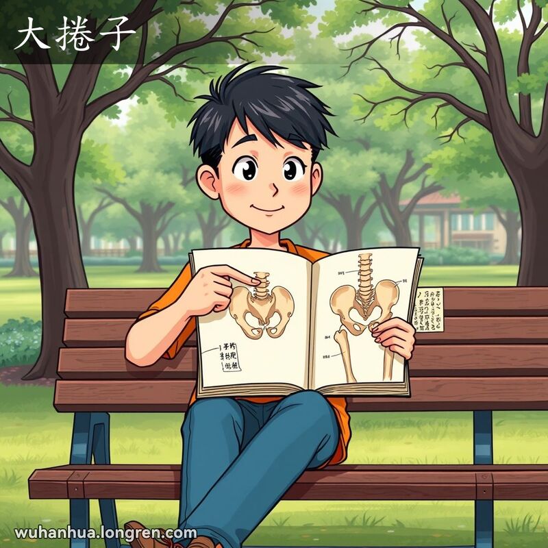一个人坐在公园长椅上，手持解剖学书籍，指着髋骨的图示，背景是宁静的公园环境。