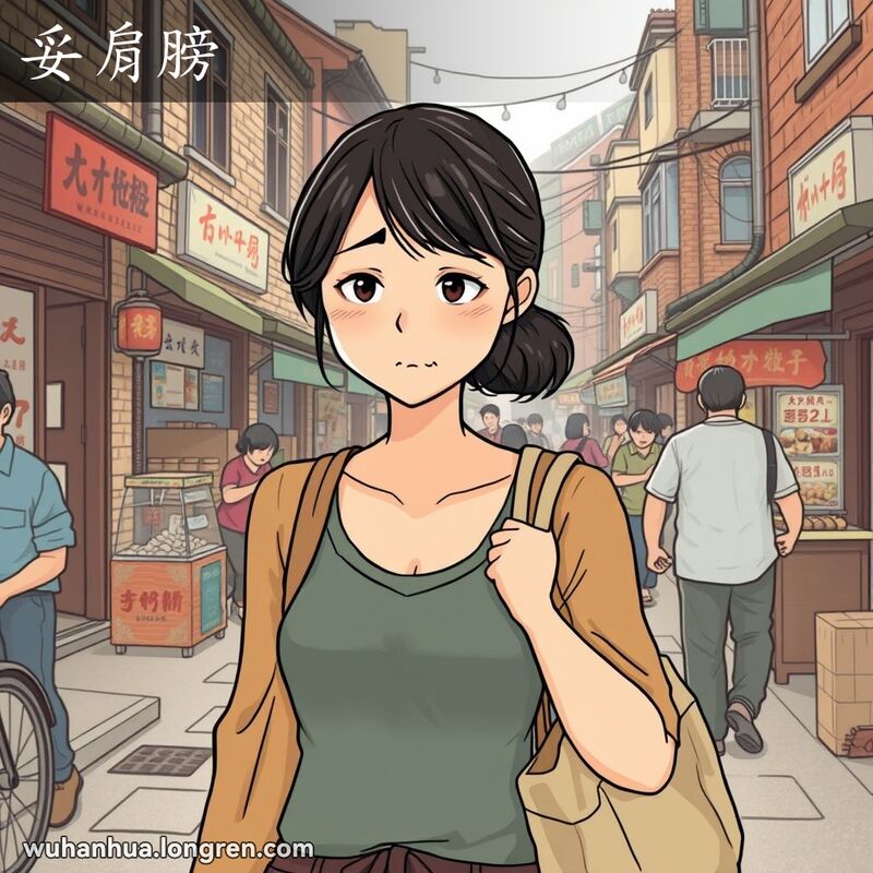 一位武汉女子肩膀下垂，显得疲惫不堪，背景是武汉老街景