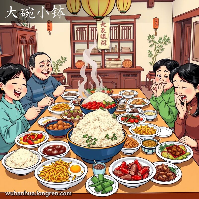 一个热闹的武汉家庭餐桌，桌上摆满了大碗小钵的丰盛菜肴，家人们笑容满面，但一人略显不满。