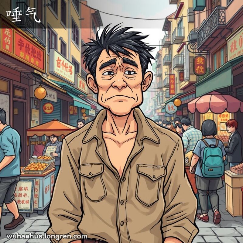 一位穿着邋遢衣服的男子站在武汉街头市场中，显得猥琐和不自在，背景有老建筑和小摊贩。