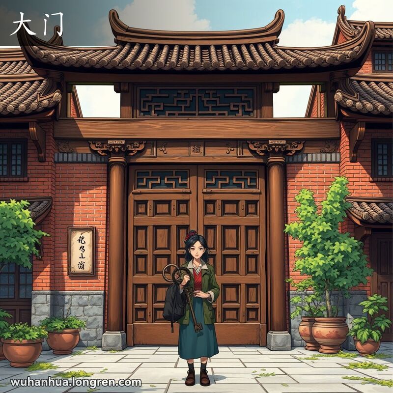 一位女性站在武汉传统庭院的大门前，手持大钥匙，背景是老式建筑和绿意盎然的庭院