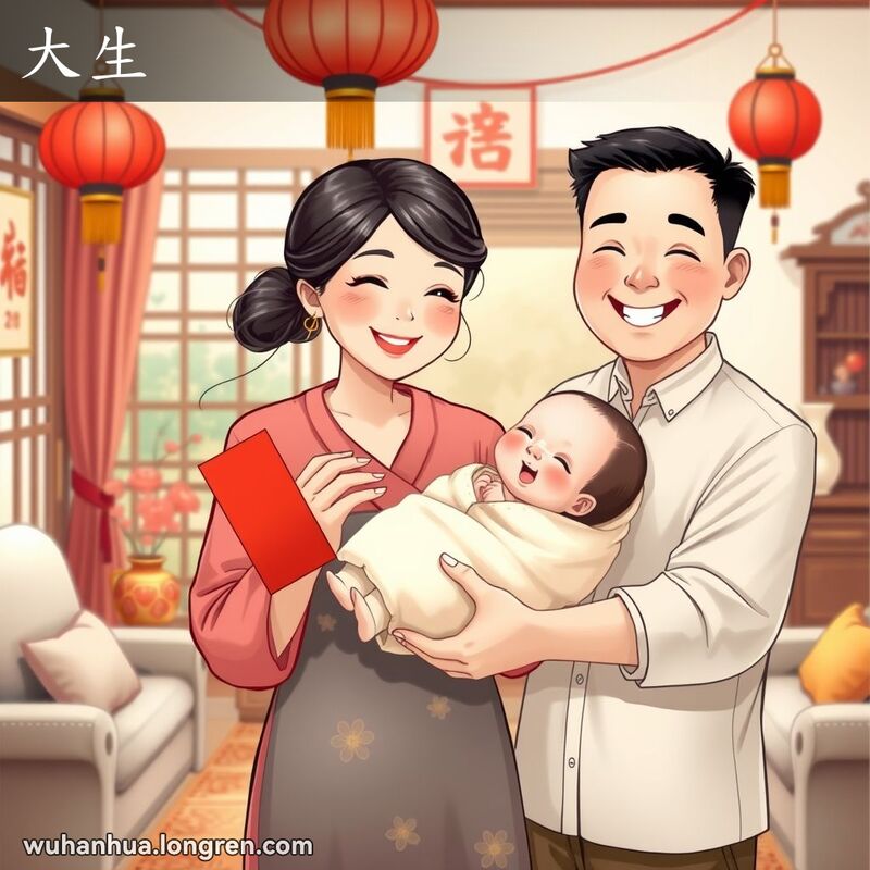 一个武汉家庭欢聚，母亲抱着新生儿，父亲手持红包，背景是温馨的客厅