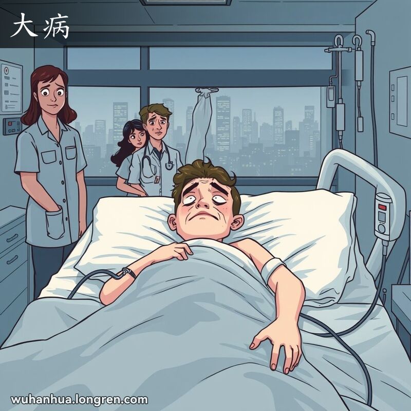 一位病人躺在医院病床上，面色苍白，周围是医疗设备和家属，表情显得疲惫和痛苦，背景是医院场景。