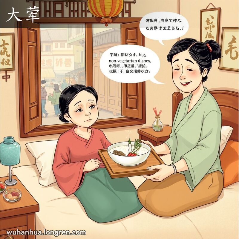 一位生病的武汉妇女坐在床上，家人端着清淡的粥和蔬菜，避免肉类，背景是武汉的传统家庭场景。
