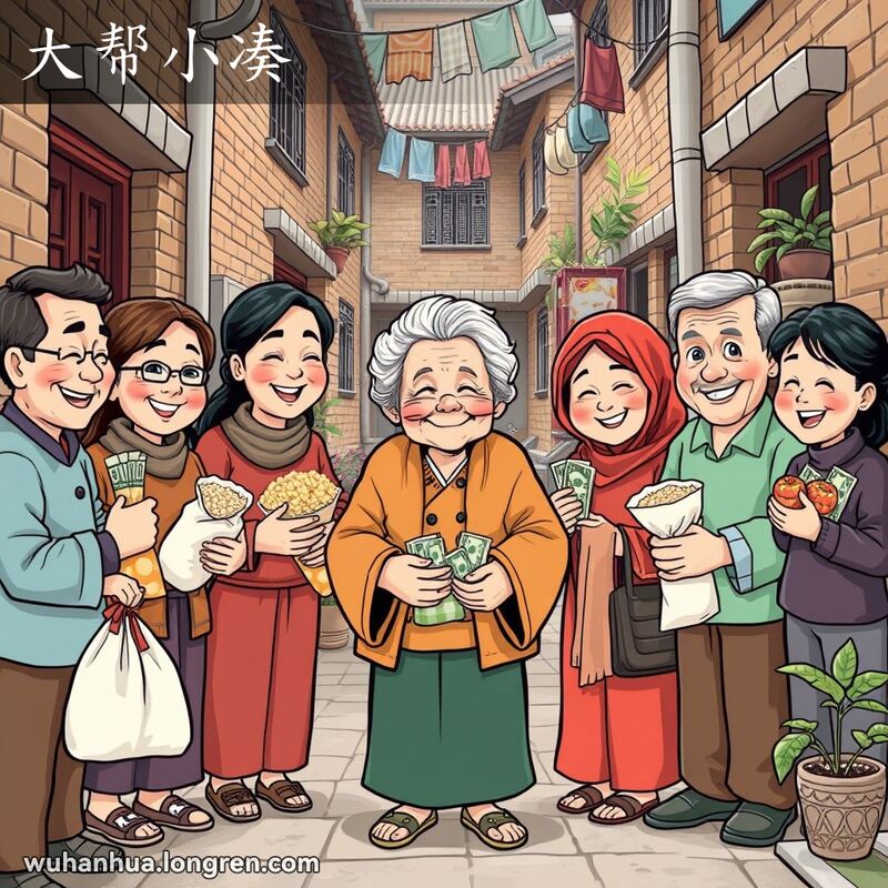 一群邻居在武汉巷子里互助，老妇人接受捐赠，背景是传统武汉景象