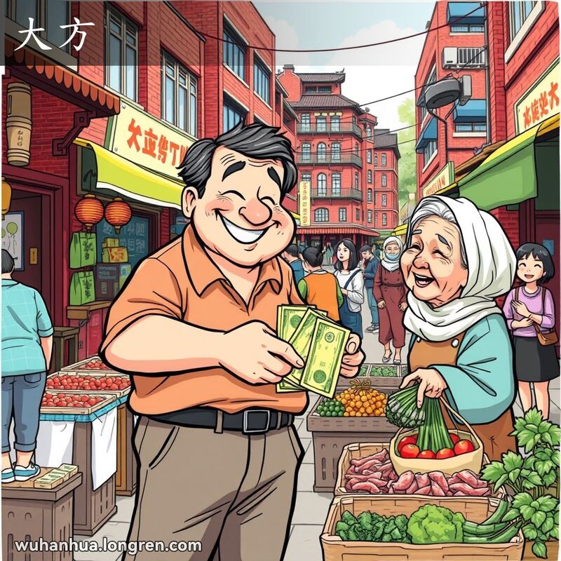 一位中年男子在武汉街头市场上慷慨地递钱给摊主，背景是热闹的市场景象