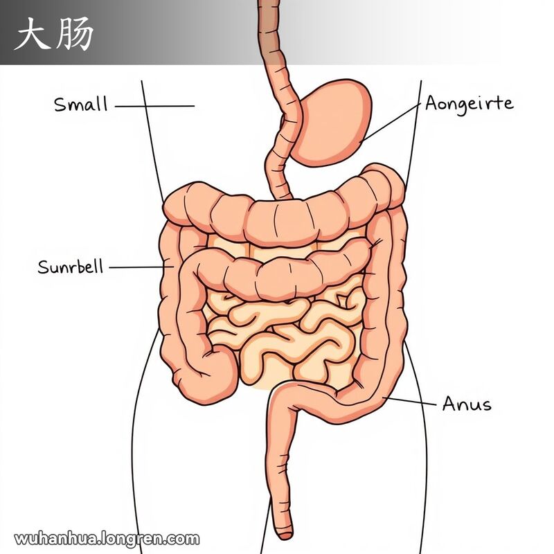 人体消化系统解剖图，展示大肠连接小肠和肛门的位置