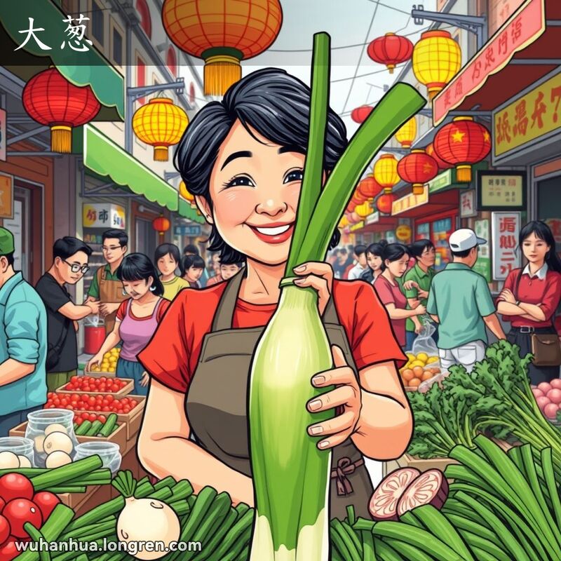 武汉街头市场，一位中年妇女微笑展示一根粗大的大葱，背景有其他摊贩和传统灯笼。