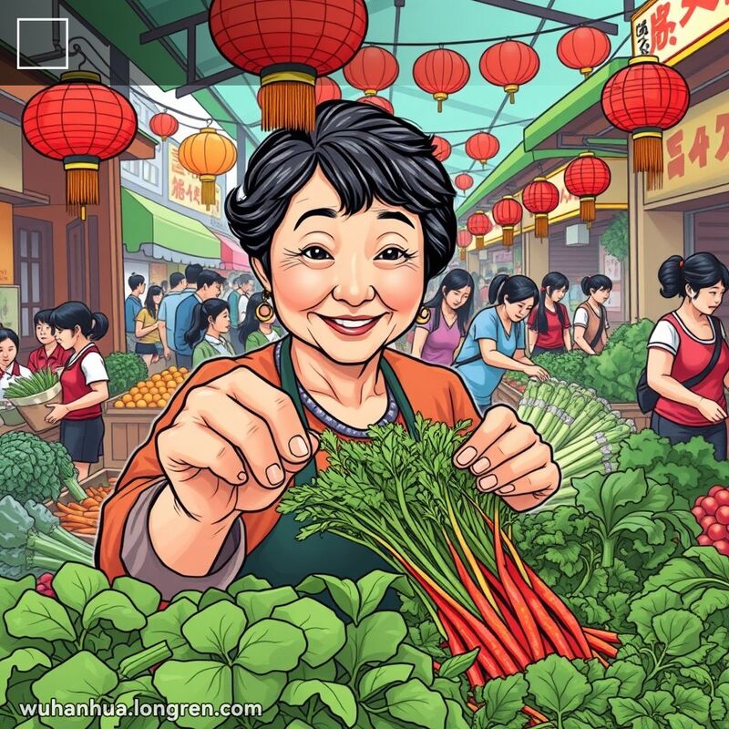 武汉市场中，一位中年妇女用手指轻轻抓取蔬菜，展示“□”的动作，背景有红灯笼和忙碌的顾客。