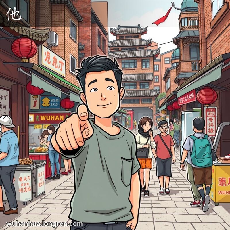 一位武汉男子在街道上指着远处的一个人，表情 neutral，背景是武汉的传统街景