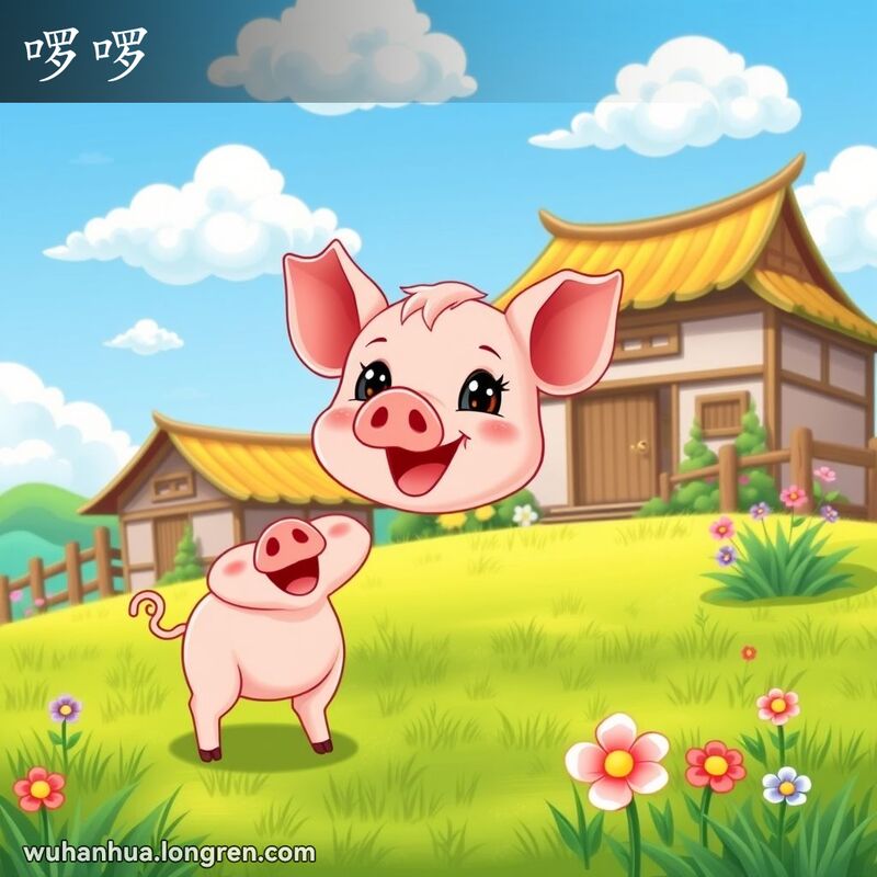 一只可爱的小猪仔在农场里发出“啰啰”的声音，背景是中式农舍和田野