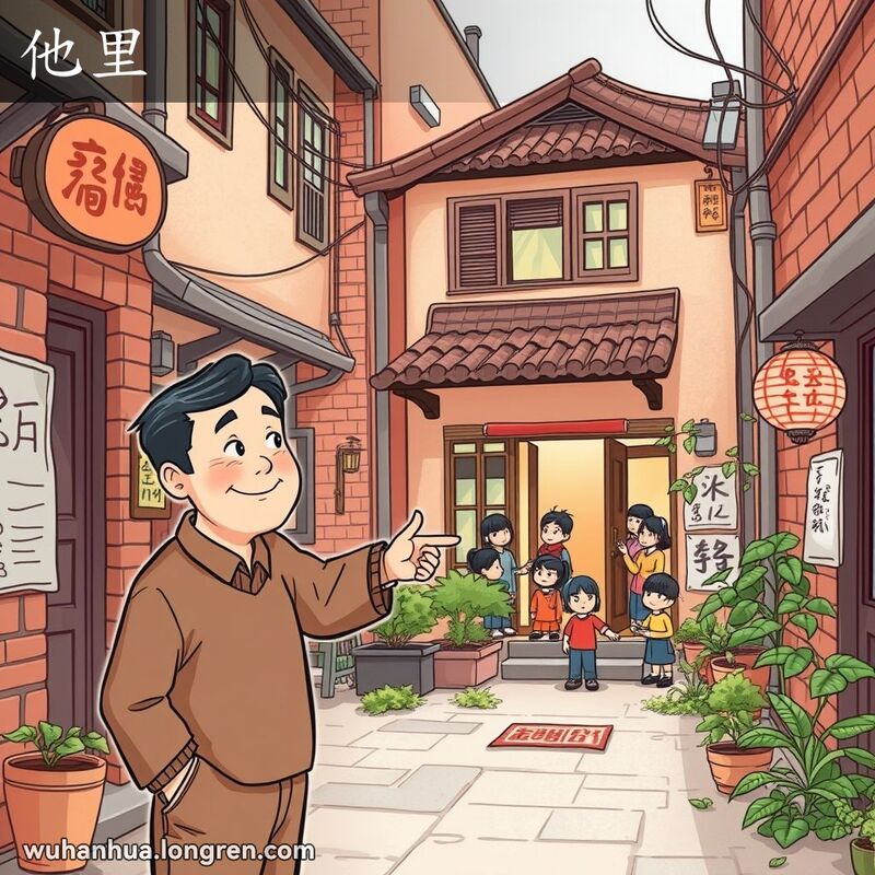 一位中年男子站在自家门前，指着隔壁邻居家，背景是武汉老街景