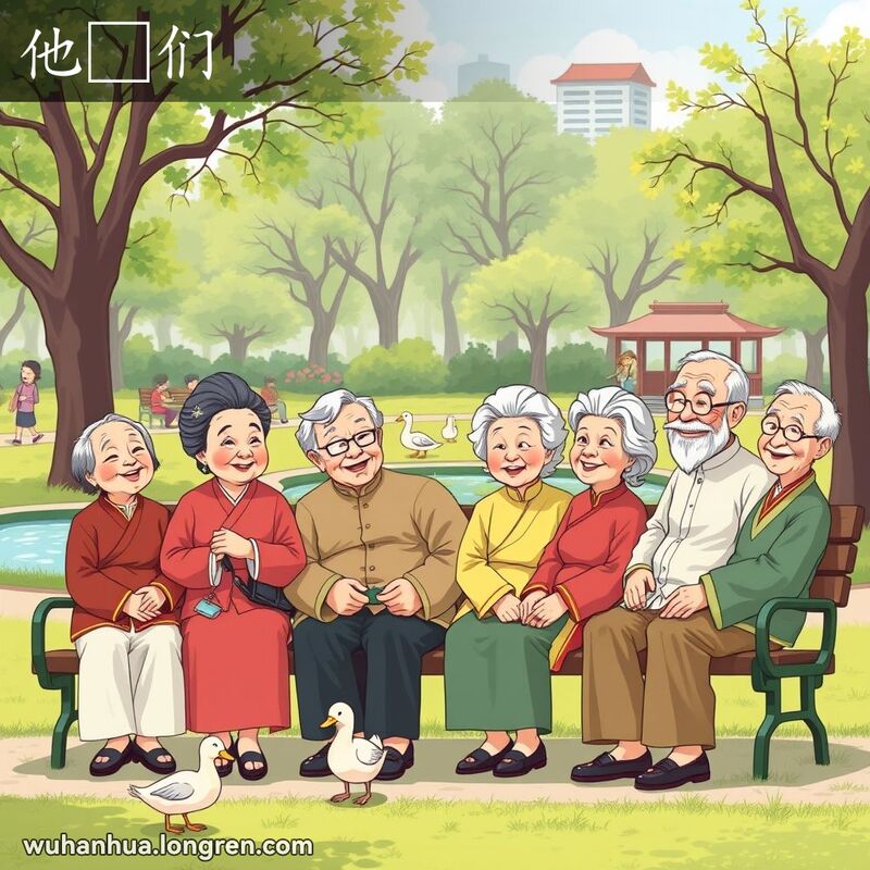 一群老人在公园长椅上享受阳光，脸上带着温暖的笑容，背景是宁静的公园景色