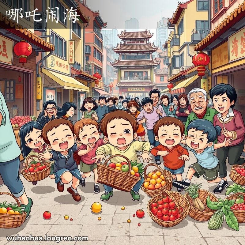 几个调皮的孩子在武汉街头嬉戏打闹，像哪吒闹海一样搞得一片混乱，背景中的大人们试图控制局面。