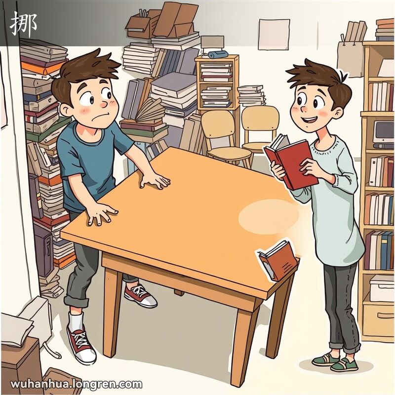 年轻人在房间里搬动沉重的木桌，背景杂乱，另一幅插图展示暂时借书的情景