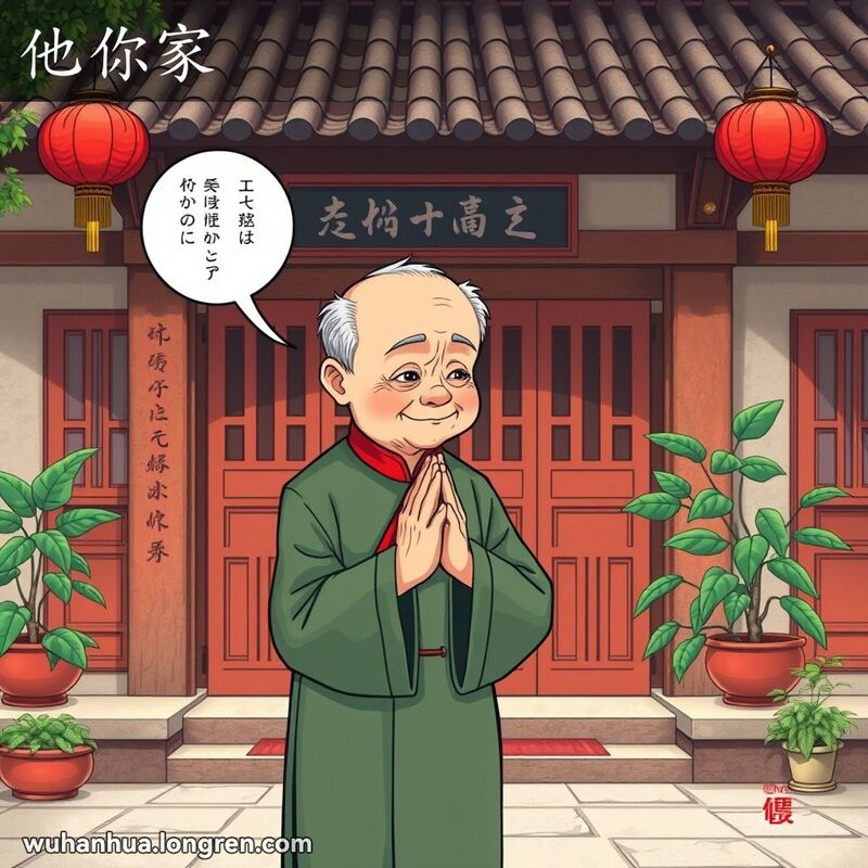 一位武汉长者在庭院前鞠躬，表情谦恭，背景有木门、红灯笼和绿植