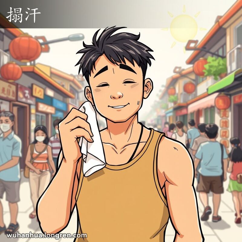 一个男子在炎热的夏日里用毛巾擦汗，背景是繁忙的武汉街道