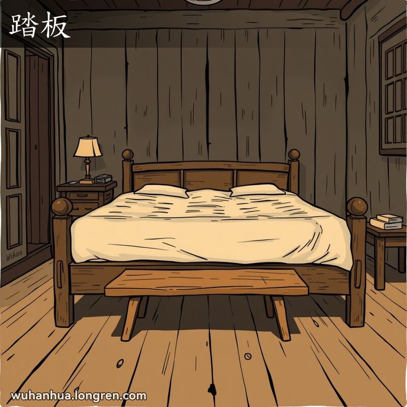 传统武汉卧室，老式木床前有一块用于上下床的长宽木板，房间内有木质家具和复古氛围。