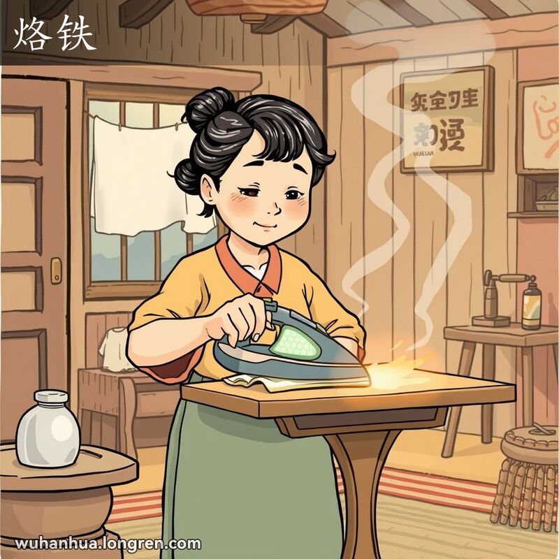 一位中年妇女在武汉老宅中手持烙铁熨烫衣物，背景有晾衣绳和缝纫用品