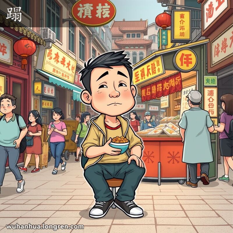 一位武汉男子坐在街边小吃摊前的小板凳上，手持一碗小吃，背景是热闹的武汉街景