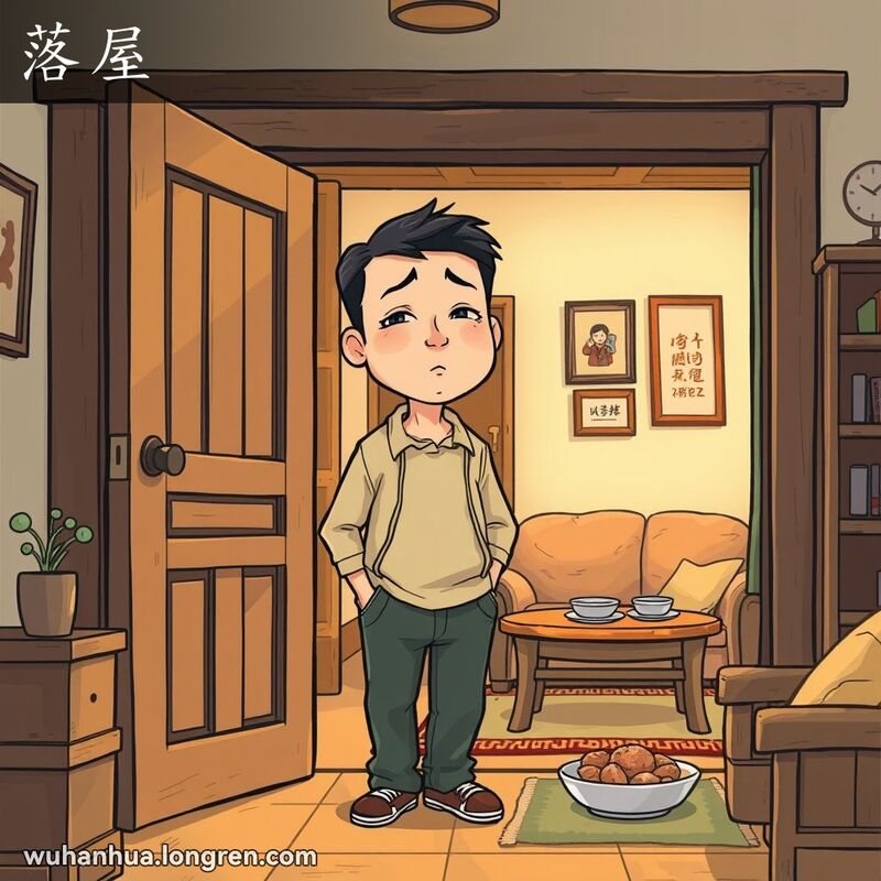 一位武汉男子穿着休闲服装，通过老旧的木门进入家中，背景是温馨的客厅，桌上有简单的晚餐。