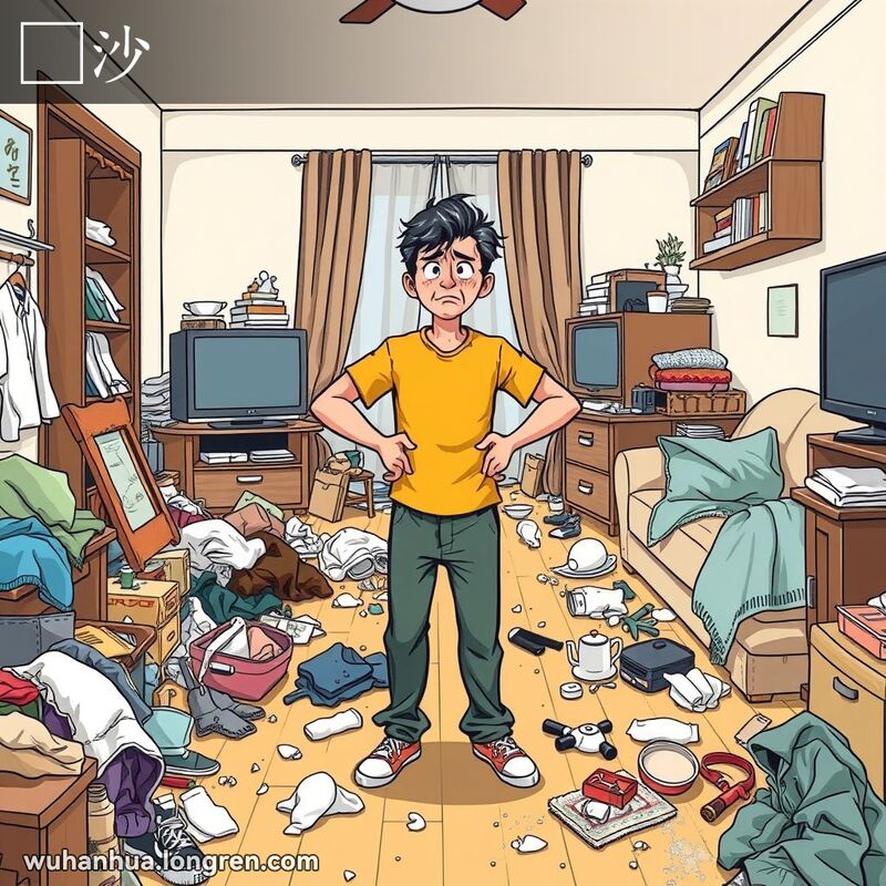 一个杂乱的房间，地上散落着衣物，水槽里堆满了碗碟，家具上覆盖着灰尘，房间中央站着一个人，双手叉腰，露出沮丧的表情，背景是武汉城市公寓。