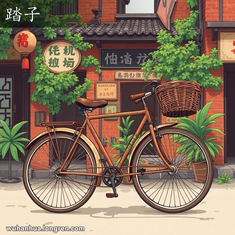 一辆老式自行车停在武汉老街前，踏板机构显眼，背景有红砖墙和旧式招牌