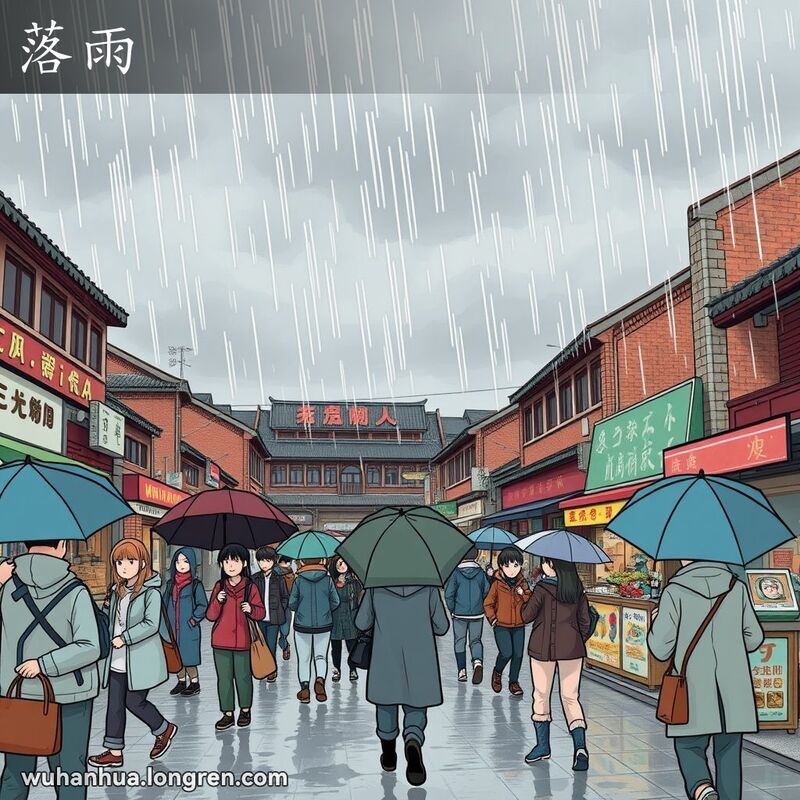 武汉市区下雨天，行人撑伞，背景是老街景和小摊贩