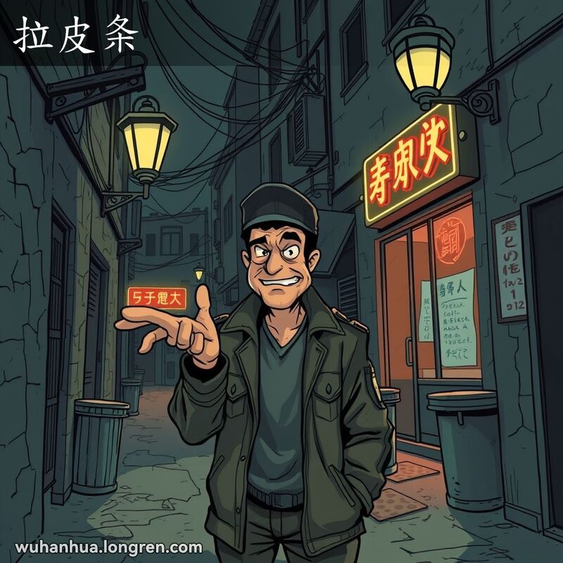 一个可疑男子在武汉小巷中引诱他人进行不正当交易，背景是破旧建筑和昏暗灯光