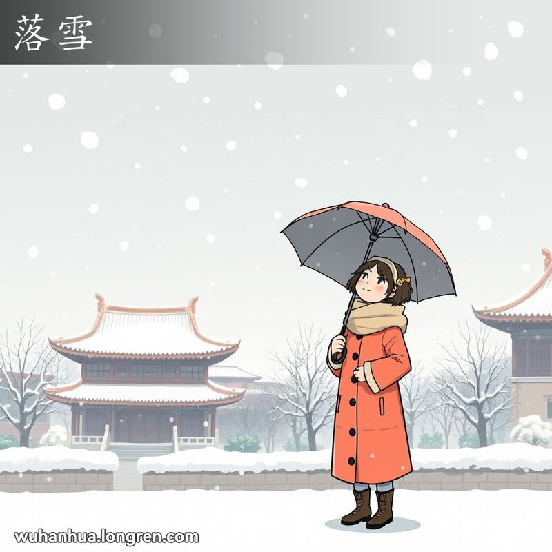 武汉冬季雪景，居民撑伞欣赏落雪，背景是传统建筑和飘落的雪花