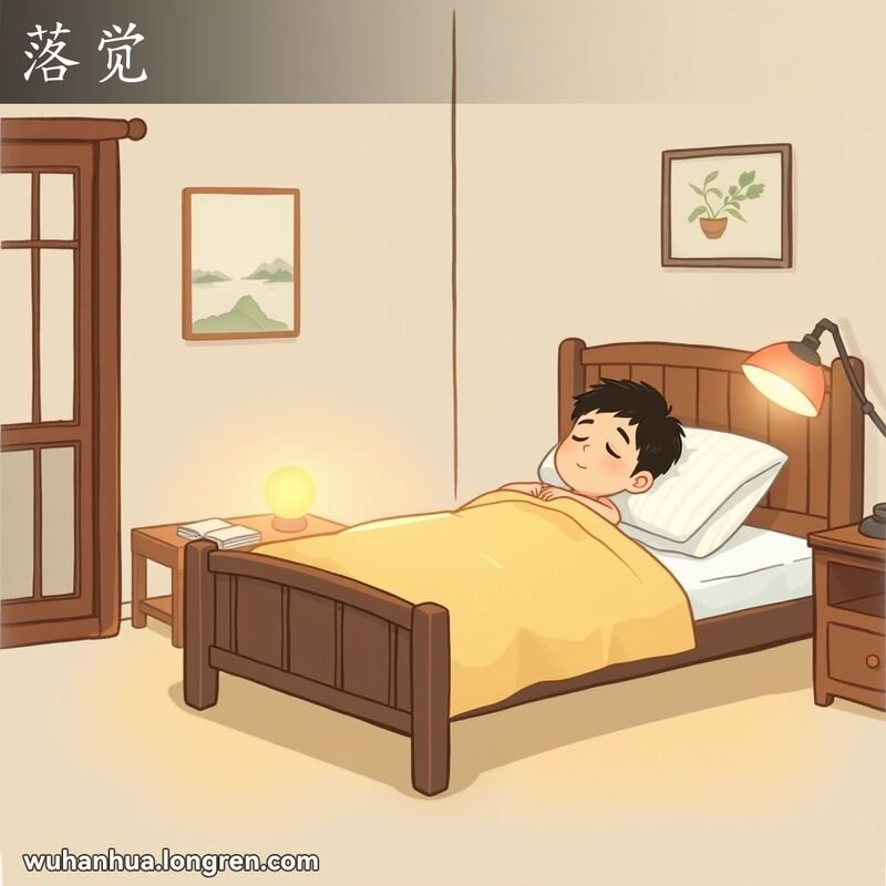 一个人躺在床上，闭着眼睛，露出平静和放松的表情，准备进入梦乡，房间装饰有传统中国元素，柔和的灯光营造出宁静的氛围。