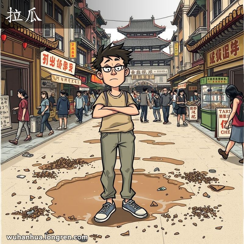 武汉街道上，一个人站在脏乱的水坑旁，周围散落着垃圾，背景有小贩和行人，画面凌乱。