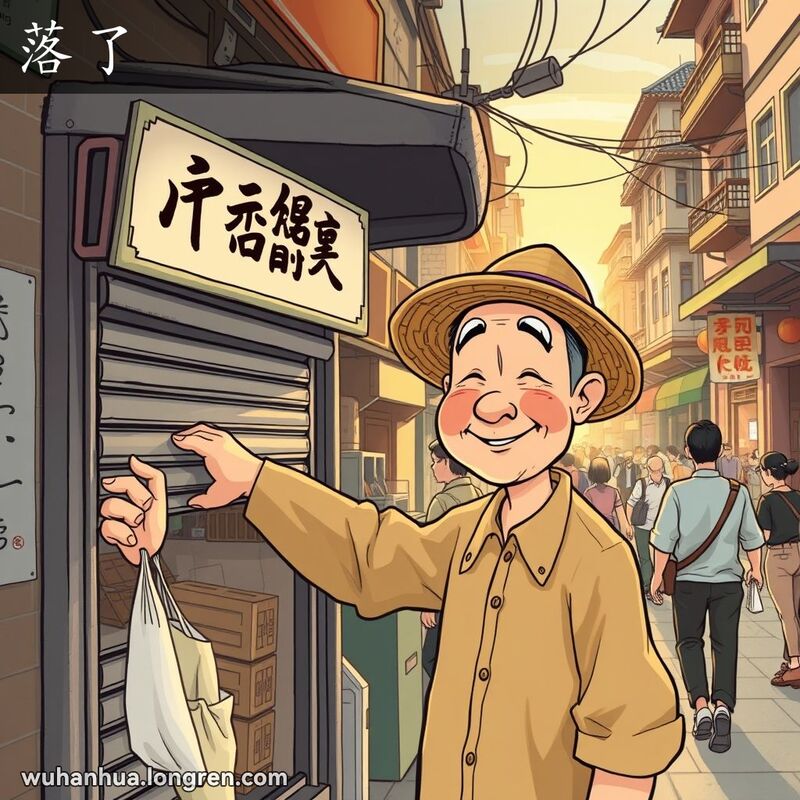 一位武汉老街的小店主在傍晚时分关闭店铺，背景是夕阳下的武汉老街景